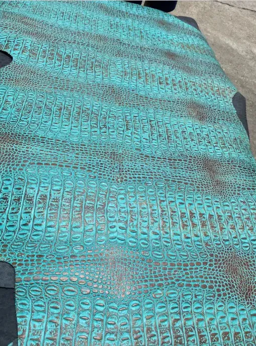 Turquoise Brown EMBOSSED CROCODILE LEATHER : Genuine Leather 2.5-3 oz. - Perfect for Handbags and Leather Crafts!