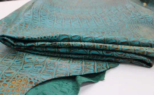 Turquoise Brown EMBOSSED CROCODILE LEATHER : Genuine Leather 2.5-3 oz. - Perfect for Handbags and Leather Crafts!