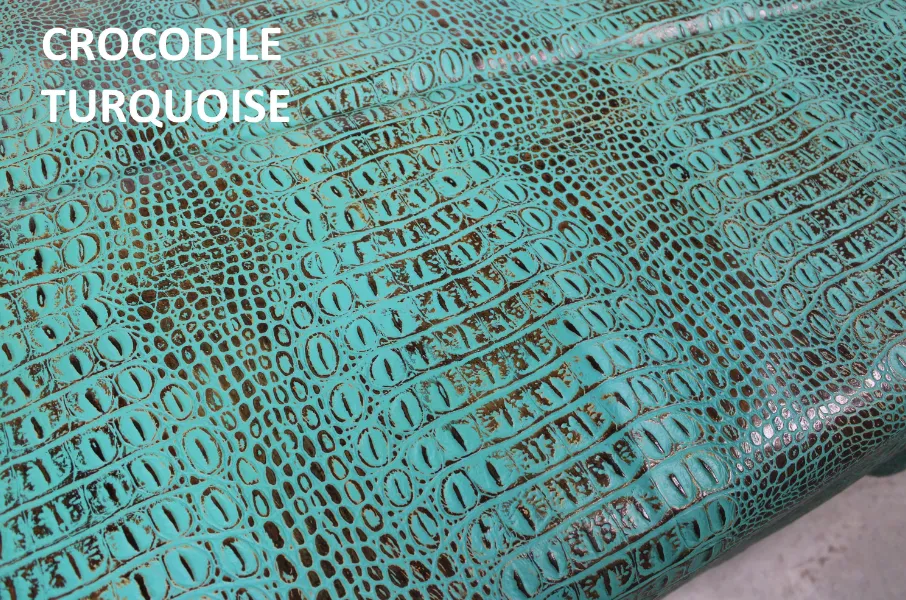 Turquoise Brown EMBOSSED CROCODILE LEATHER : Genuine Leather 2.5-3 oz. - Perfect for Handbags and Leather Crafts!