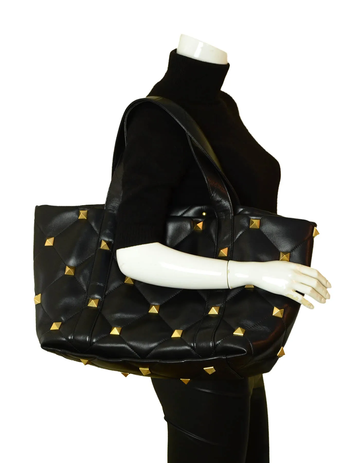 Valentino Black Roman Stud Quilted Leather Tote Bag rt. $4,750