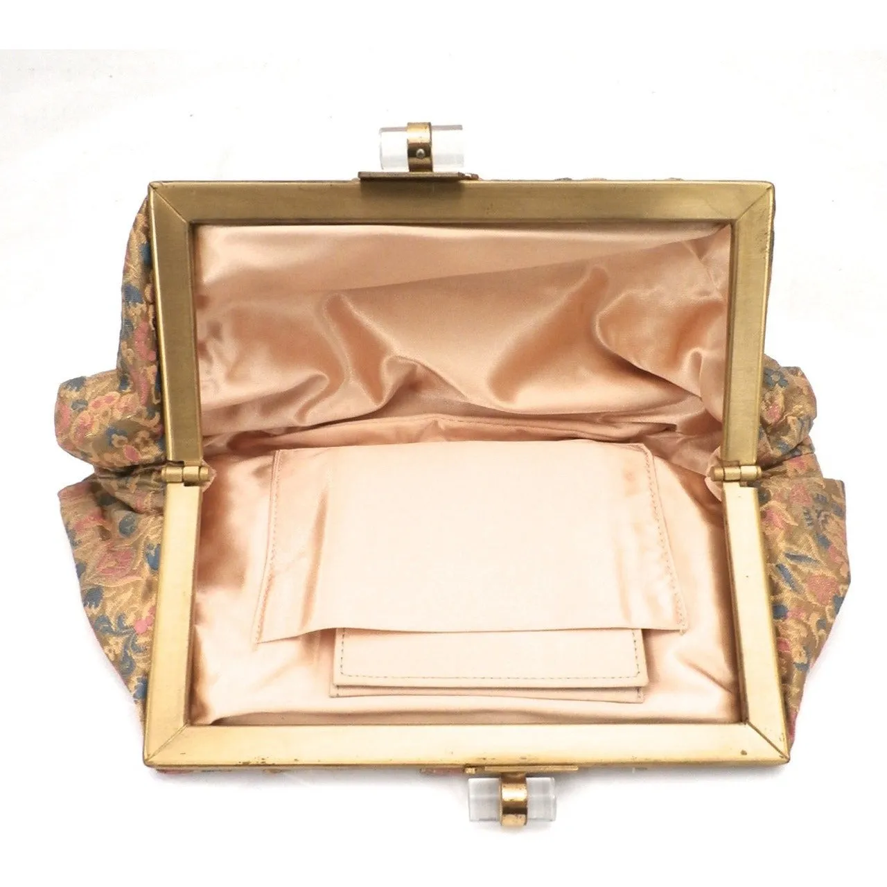 Vintage Evening Bag Metallic Silk Damask Clutch Purse 1930s Lucite Clasp