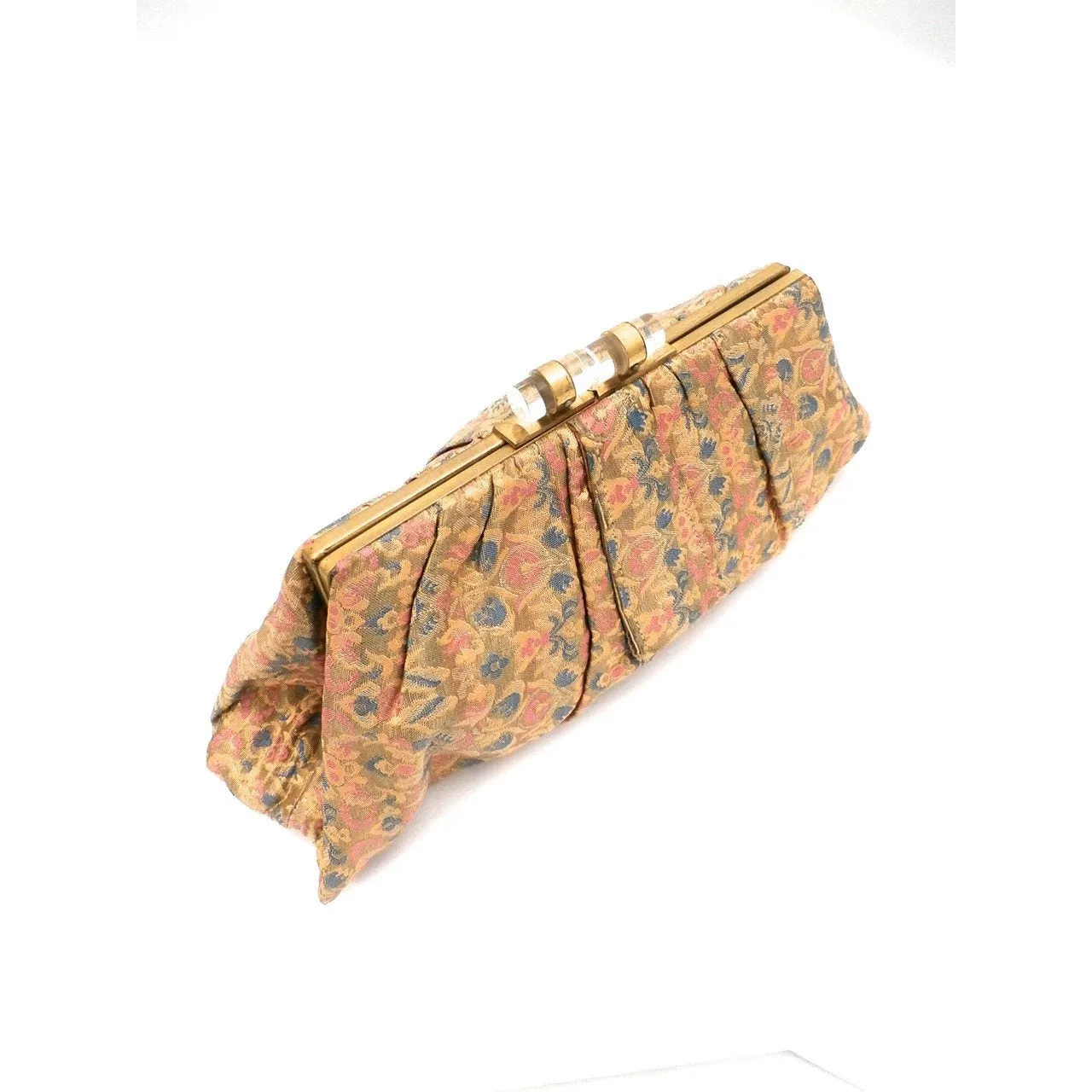 Vintage Evening Bag Metallic Silk Damask Clutch Purse 1930s Lucite Clasp